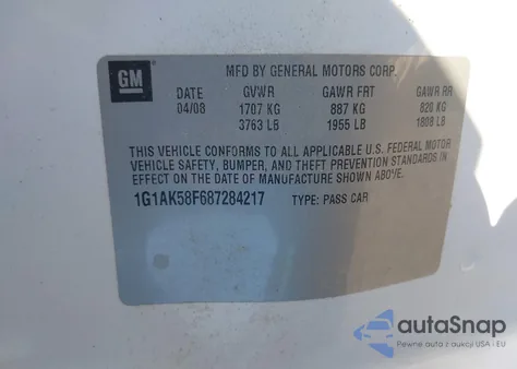 2008 Chevrolet Cobalt Ls из США, поврежденный, VIN 1G1AK58F687284217